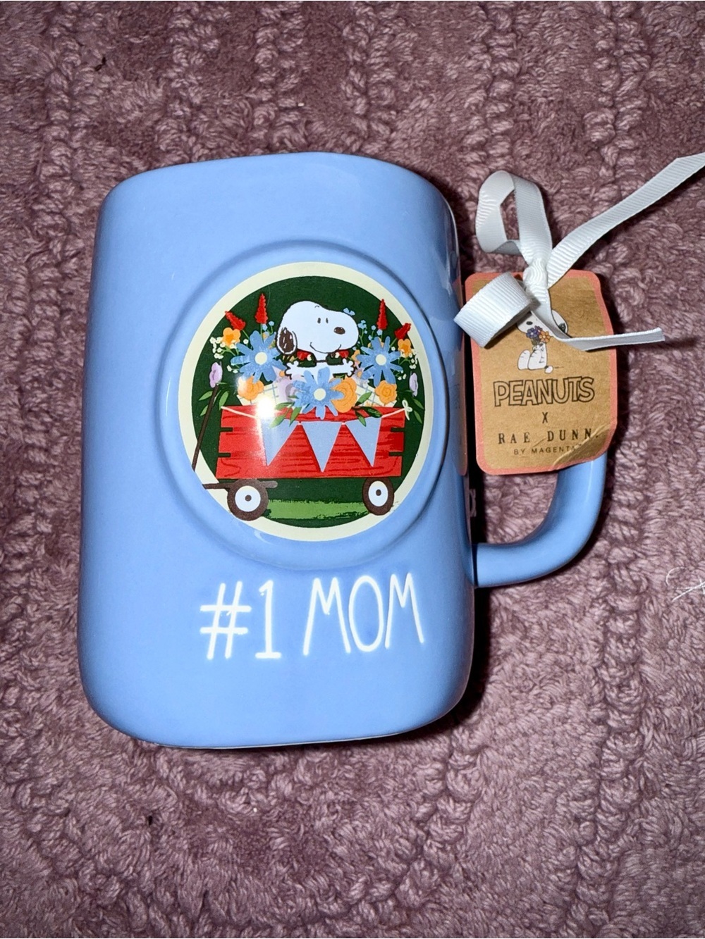 Rae Dunn Light Blue #1 MOM Ceramic Mug with Snoopy Floral Wagon